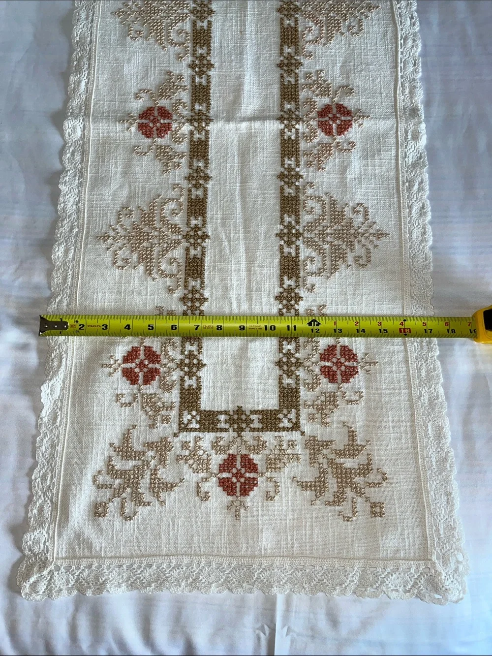Hand-Embroidered Cream Linen Table Runner with Rust Floral Accents 17” x42”